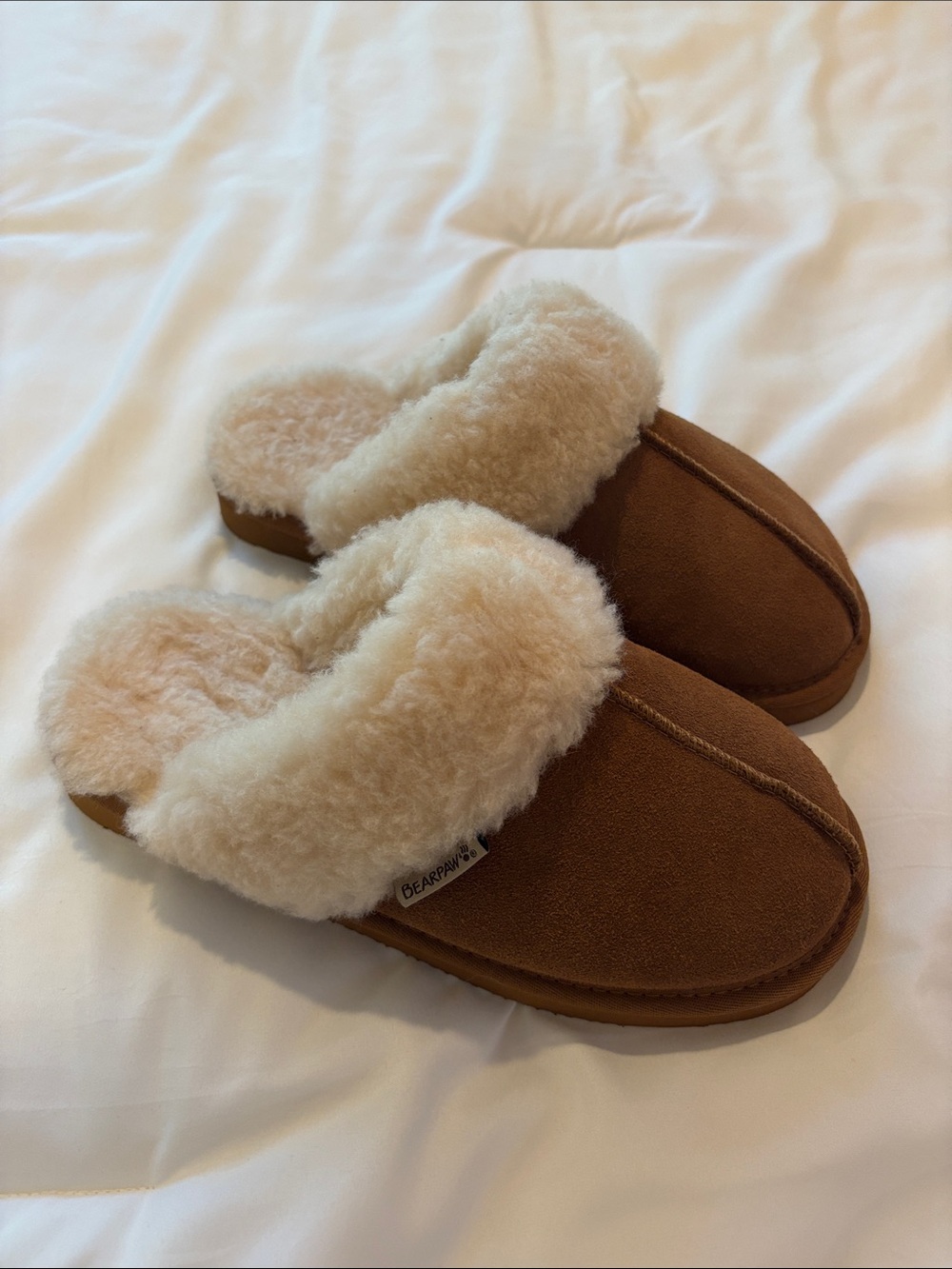 BearPaw Chestnut Suede Slide Slippers with Cream Shearling